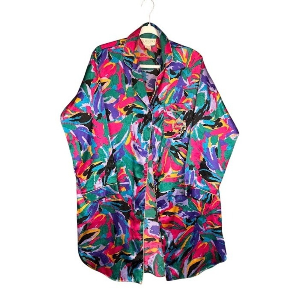 Adolfo Classics Vintage Sleep‎ Shirt Medium Multicolor Abstract Satin Nightgown